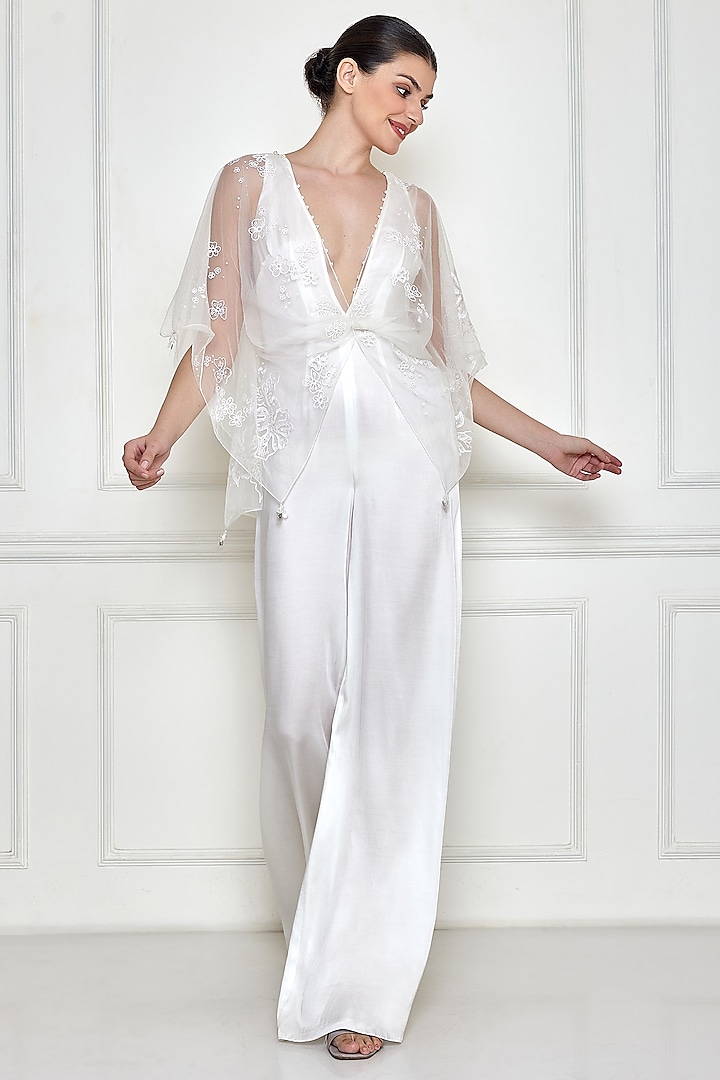 Frost White Cotton Satin Jumpsuit With Kaftan by Dilnaz Karbhary