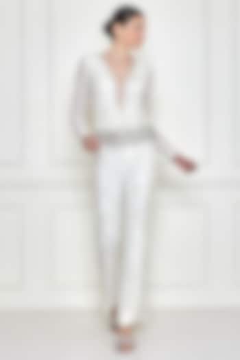 Frost White Georgette & Viscose Georgette Embroidered Jumpsuit by Dilnaz Karbhary