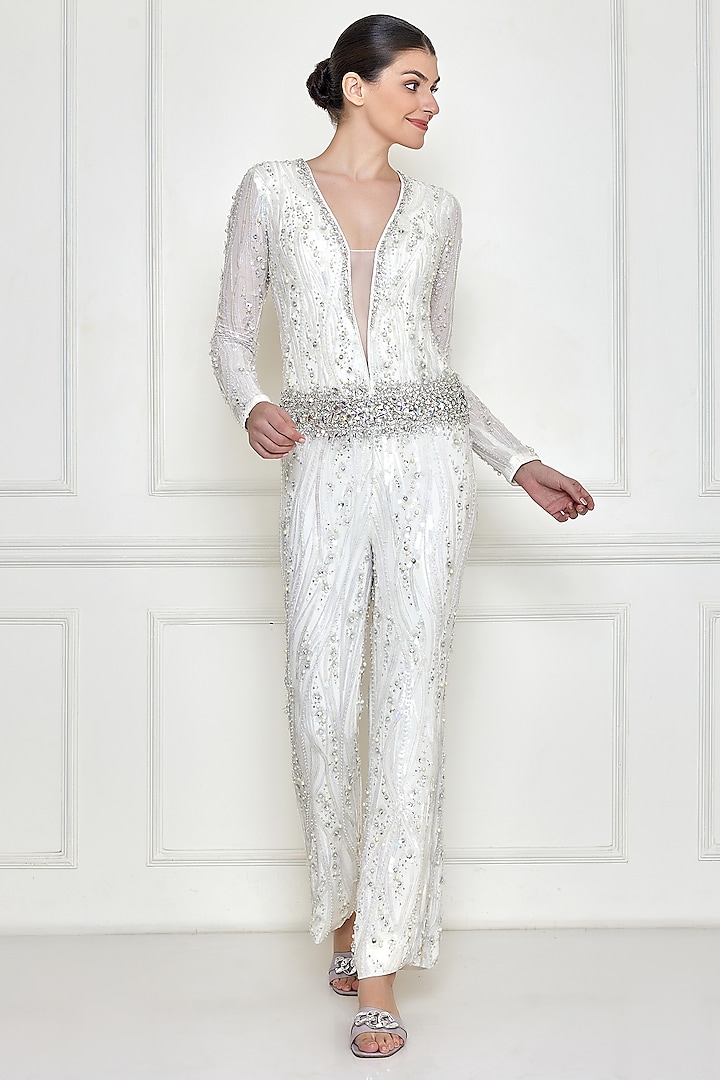 Frost White Georgette & Viscose Georgette Embroidered Jumpsuit by Dilnaz Karbhary