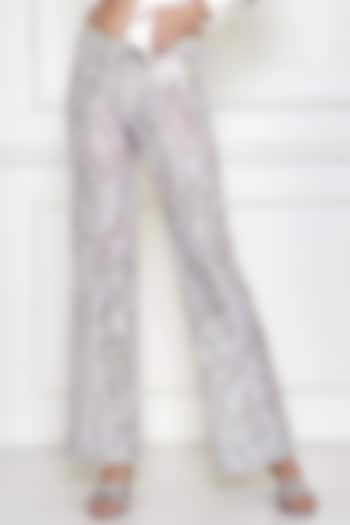 Ice Grey Net Embroidered Trousers by Dilnaz Karbhary