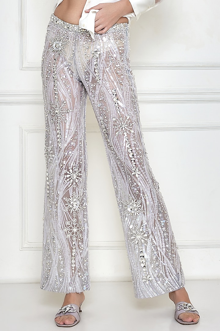 Ice Grey Net Embroidered Trousers by Dilnaz Karbhary