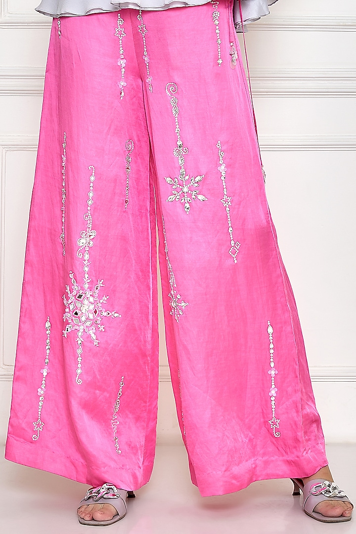 Pink Satin Linen Embroidered Trousers by Dilnaz Karbhary