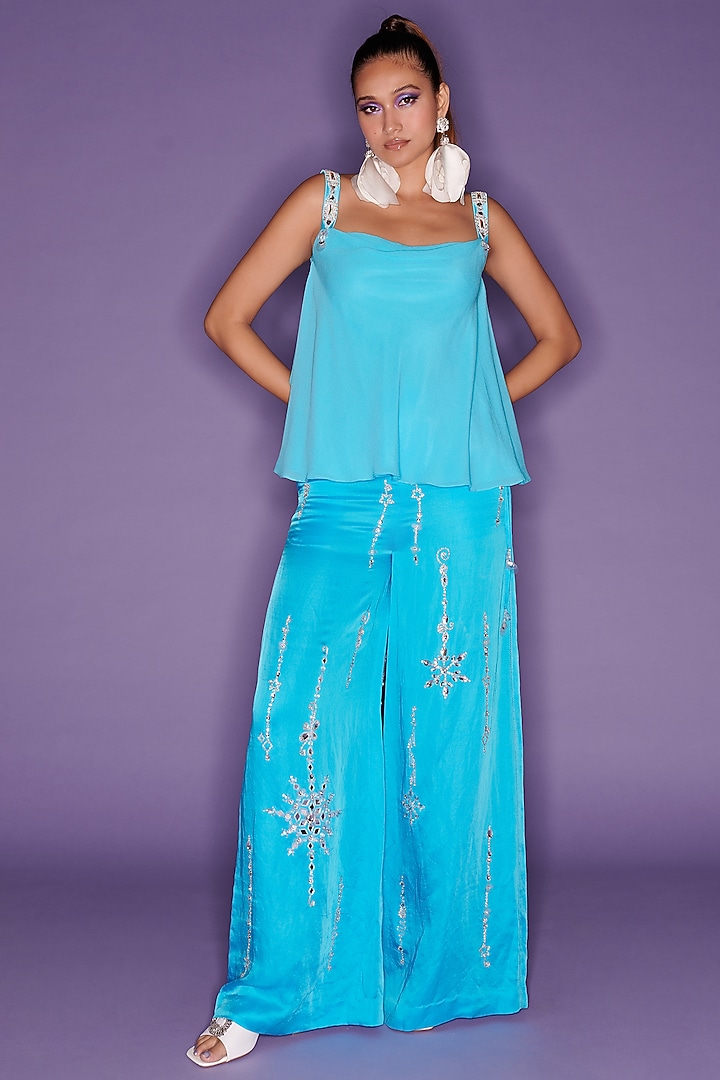 Powder Blue Blended Linen Trousers by Dilnaz Karbhary at Pernia's Pop Up Shop