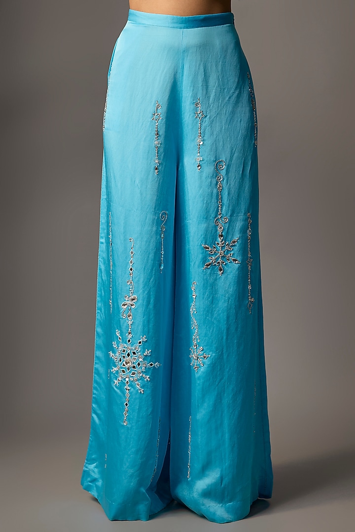 Powder Blue Blended Linen Trousers by Dilnaz Karbhary at Pernia's Pop Up Shop