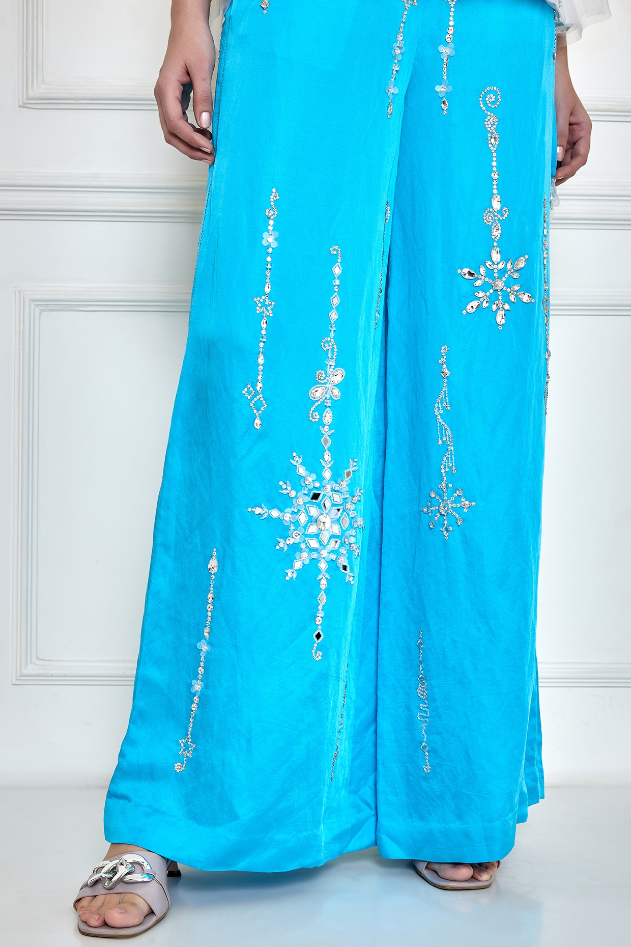 Buy Blue Satin Linen Hand Embroidered Diamante Stones Wide Legged Trouser  For Women by DILNAZ Online at Aza Fashions.