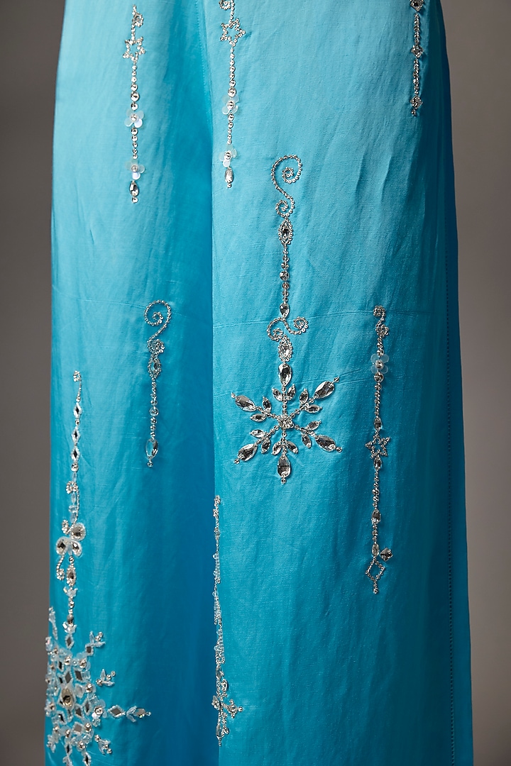 Powder Blue Blended Linen Trousers by Dilnaz Karbhary at Pernia's Pop Up Shop