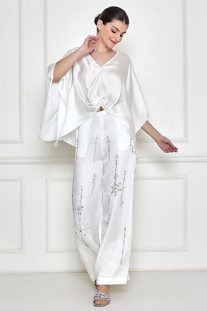 Frost White Satin Linen Embroidered Trousers by Dilnaz Karbhary at Pernia's Pop Up Shop