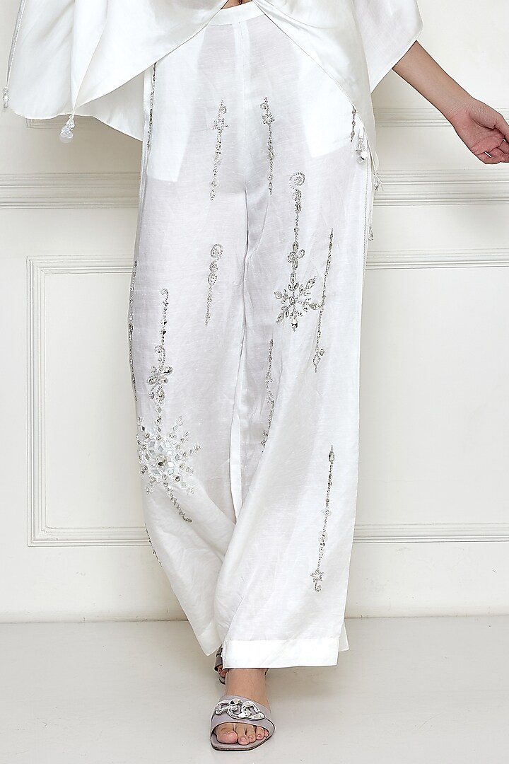 Frost White Satin Linen Embroidered Trousers by Dilnaz Karbhary