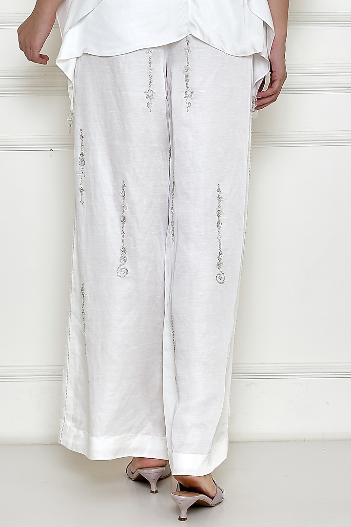 Frost White Satin Linen Embroidered Trousers by Dilnaz Karbhary at Pernia's Pop Up Shop