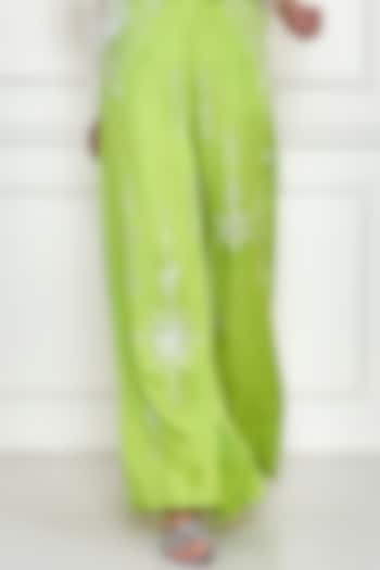 Citrus Green Satin Linen Embroidered Trousers by Dilnaz Karbhary