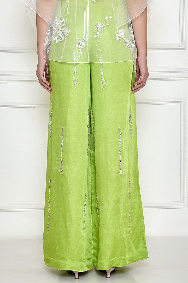Citrus Green Satin Linen Embroidered Trousers by Dilnaz Karbhary at Pernia's Pop Up Shop