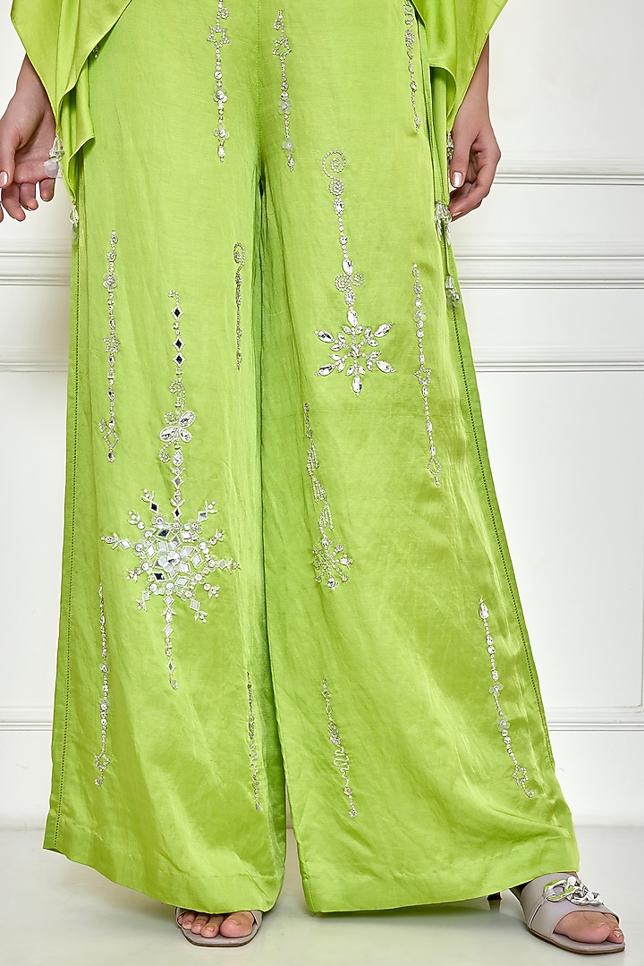 Citrus Green Satin Linen Embroidered Trousers by Dilnaz Karbhary at Pernia's Pop Up Shop