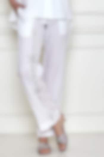 White Linen Embroidered Trousers by Dilnaz Karbhary