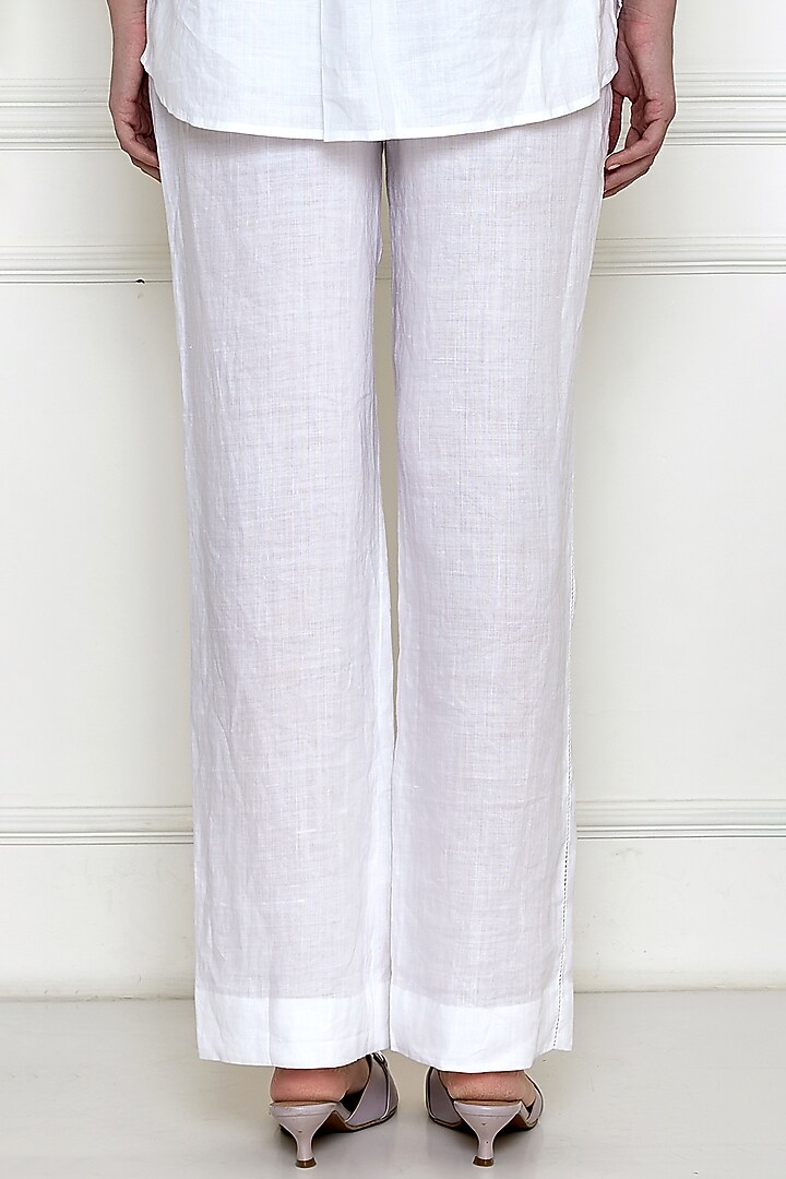 White Linen Embroidered Trousers by Dilnaz Karbhary at Pernia's Pop Up Shop