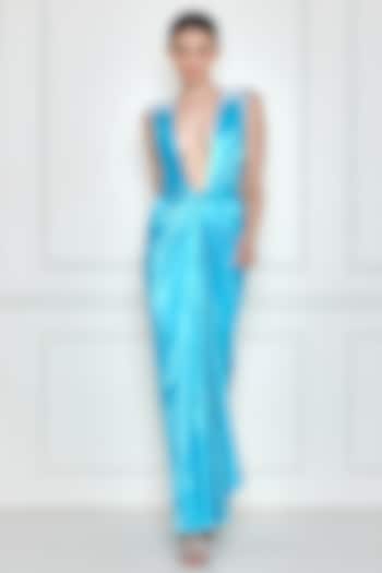Sky Blue Stretch Gajji Satin Draped Engagement Gown by Dilnaz Karbhary at Pernia's Pop Up Shop
