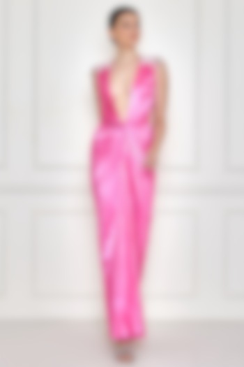 Pink Stretch Gajji Satin Draped Engagement Gown by Dilnaz Karbhary at Pernia's Pop Up Shop
