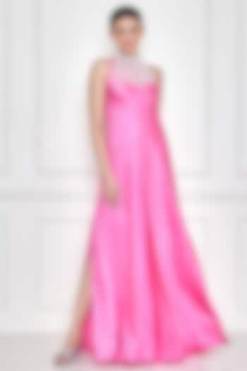 Pink Satin Embroidered Gown by Dilnaz Karbhary