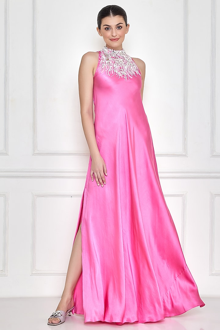Pink Satin Embroidered Gown by Dilnaz Karbhary