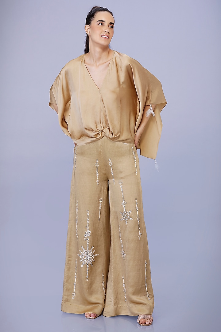 Light Gold Blended Satin Linen Hand Embroidered Trousers by Dilnaz Karbhary at Pernia's Pop Up Shop