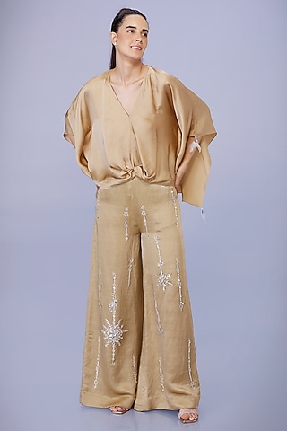 Light Gold Blended Satin Linen Hand Embroidered Trousers by Dilnaz Karbhary