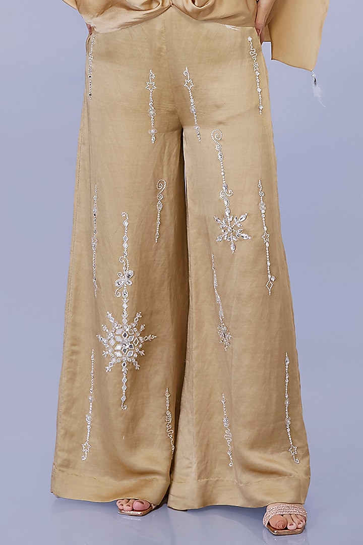 Light Gold Blended Satin Linen Hand Embroidered Trousers by Dilnaz Karbhary at Pernia's Pop Up Shop