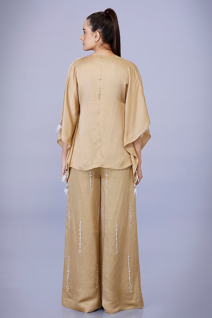 Light Gold Blended Satin Linen Hand Embroidered Trousers by Dilnaz Karbhary at Pernia's Pop Up Shop