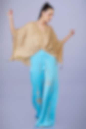 Pop Blue Satin Blended Linen Trousers by Dilnaz Karbhary at Pernia's Pop Up Shop