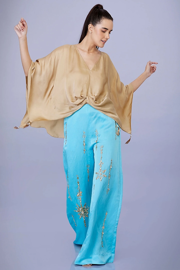 Pop Blue Satin Blended Linen Trousers by Dilnaz Karbhary at Pernia's Pop Up Shop