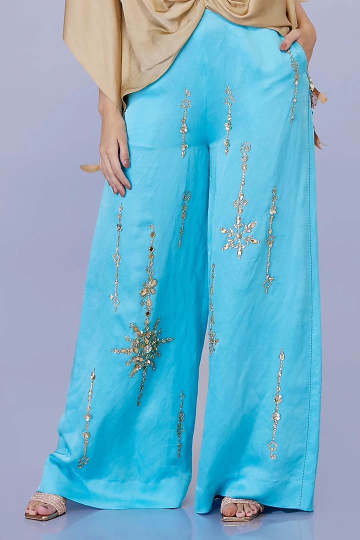 Pop Blue Satin Blended Linen Trousers by Dilnaz Karbhary at Pernia's Pop Up Shop