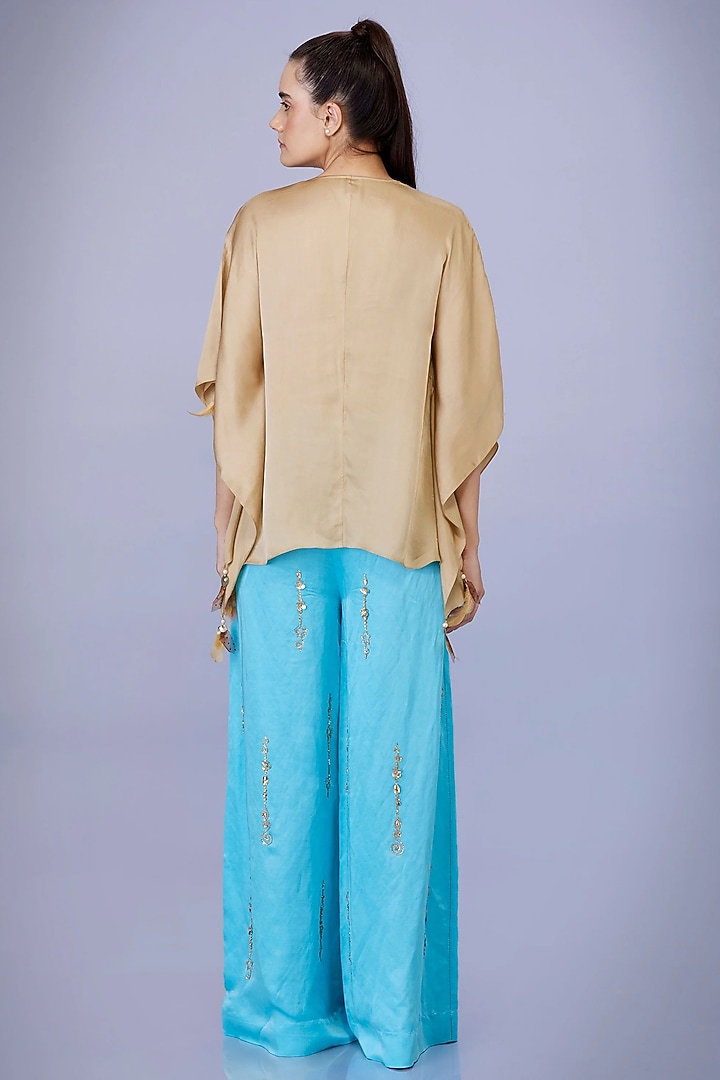 Pop Blue Satin Blended Linen Trousers by Dilnaz Karbhary at Pernia's Pop Up Shop