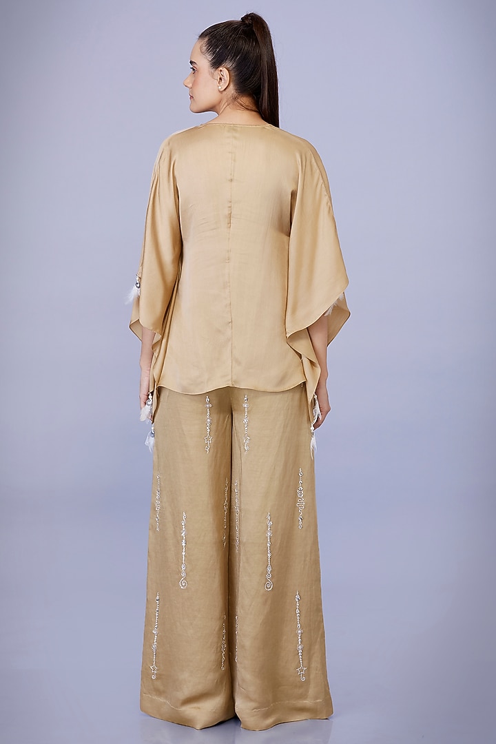 Light Gold Blended Satin Embroidered Kaftan by Dilnaz Karbhary at Pernia's Pop Up Shop