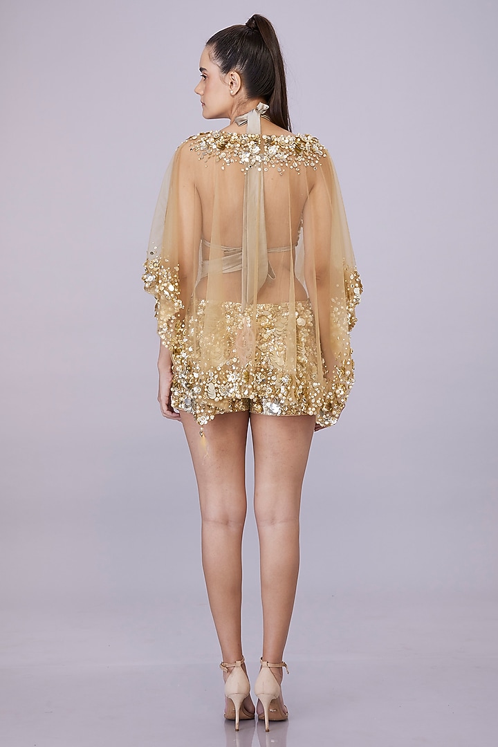 Gold Stretch Net Sequin Hand Embroidered Shorts by Dilnaz Karbhary at Pernia's Pop Up Shop