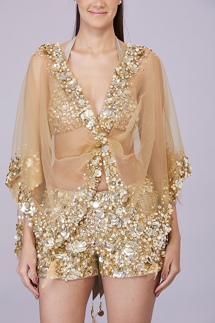 Gold Stretch Net Sequin Hand Embroidered Shorts by Dilnaz Karbhary at Pernia's Pop Up Shop