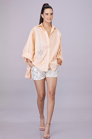 Light Peach Blended Cotton Hand Embroidered Shirt by Dilnaz Karbhary