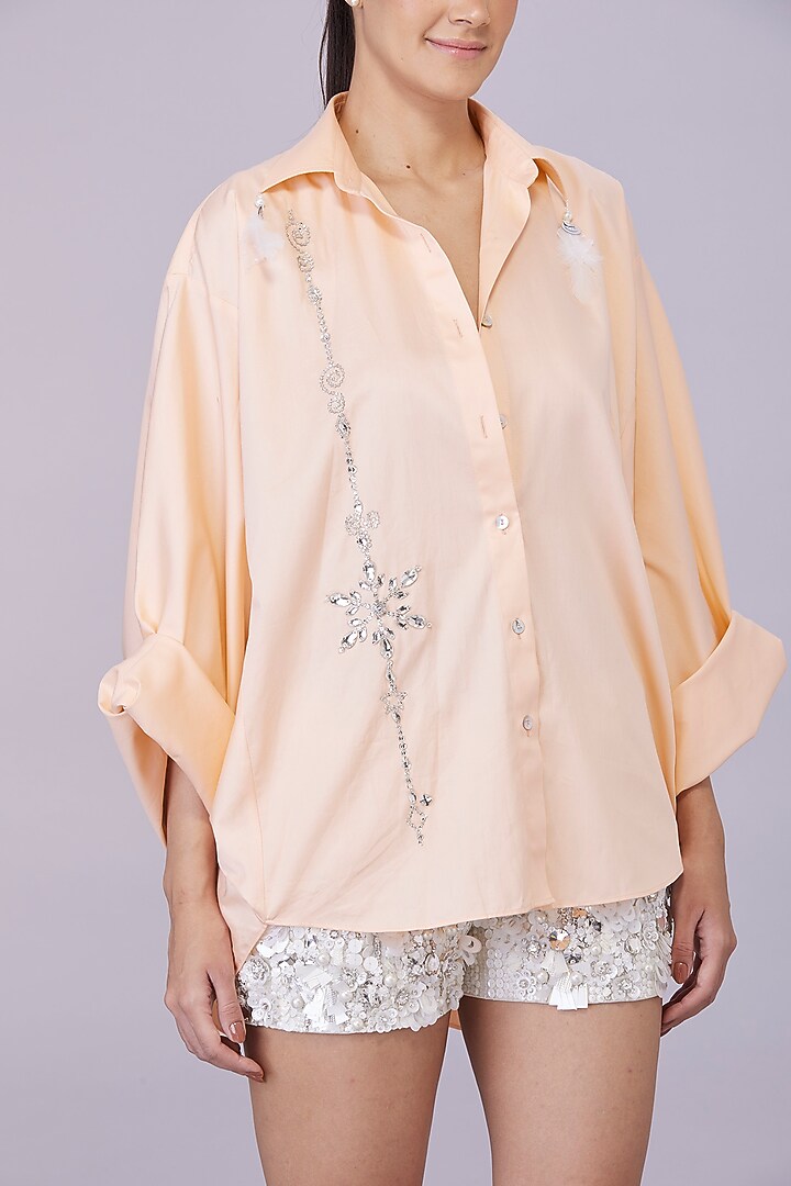 Light Peach Blended Cotton Hand Embroidered Shirt by Dilnaz Karbhary at Pernia's Pop Up Shop