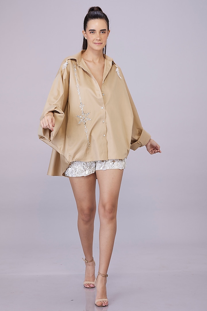 Khaki Blended Cotton Batwing Shirt by Dilnaz Karbhary at Pernia's Pop Up Shop