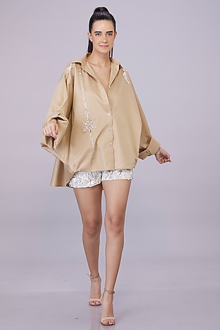 Khaki Blended Cotton Batwing Shirt by Dilnaz Karbhary