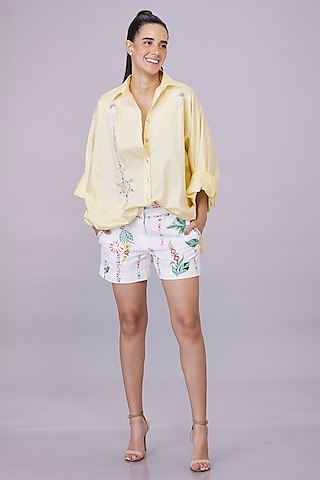 Light Lemon Blended Cotton Hand Embroidered Shirt by Dilnaz Karbhary