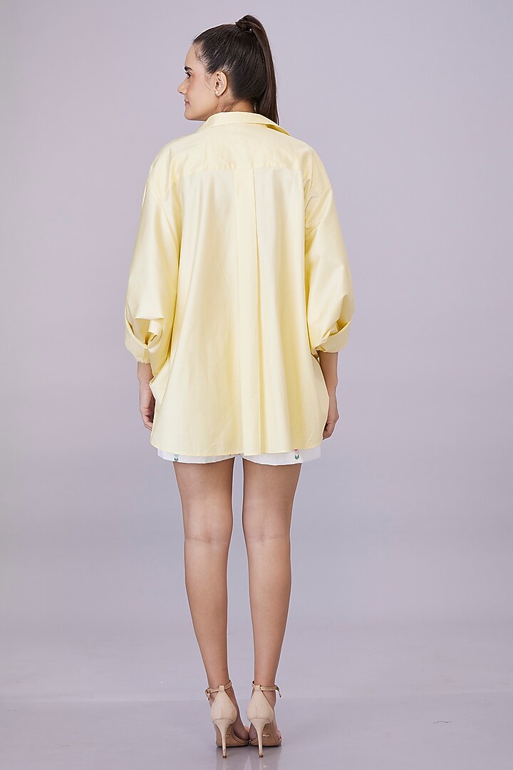 Light Lemon Blended Cotton Hand Embroidered Shirt by Dilnaz Karbhary at Pernia's Pop Up Shop