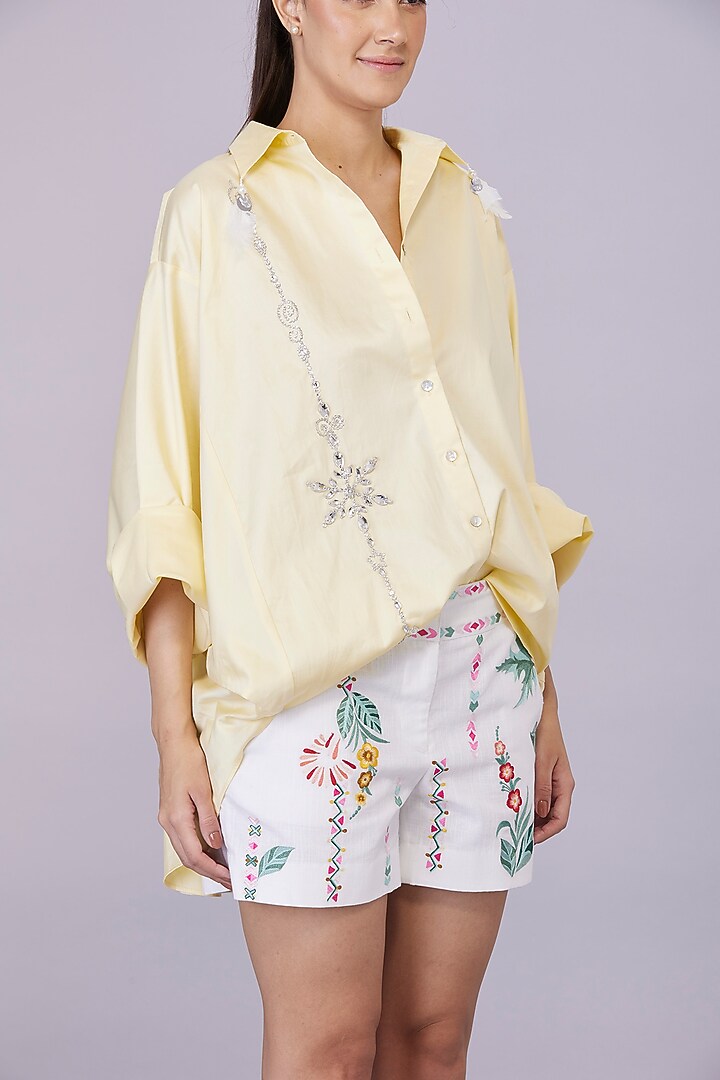 Light Lemon Blended Cotton Hand Embroidered Shirt by Dilnaz Karbhary at Pernia's Pop Up Shop