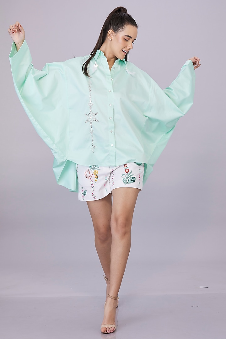 Light Aqua Blended Cotton Hand Embroidered Shirt by Dilnaz Karbhary at Pernia's Pop Up Shop