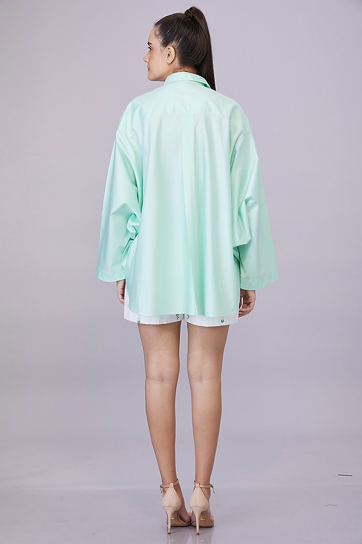 Light Aqua Blended Cotton Hand Embroidered Shirt by Dilnaz Karbhary at Pernia's Pop Up Shop
