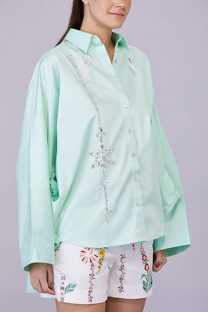 Light Aqua Blended Cotton Hand Embroidered Shirt by Dilnaz Karbhary at Pernia's Pop Up Shop