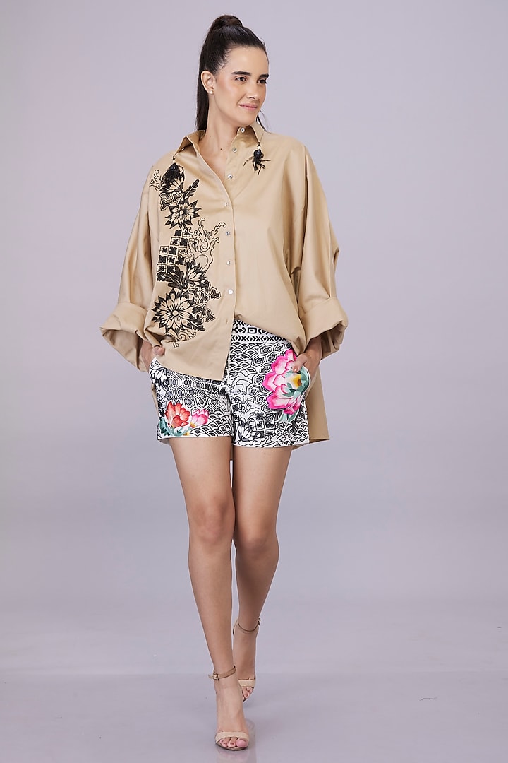 Khaki Blended Cotton Cutwork Embroidered Shirt by Dilnaz Karbhary at Pernia's Pop Up Shop