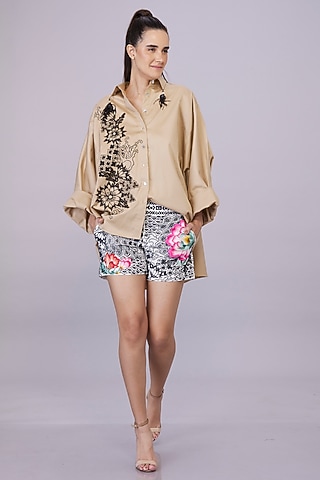 Khaki Blended Cotton Cutwork Embroidered Shirt by Dilnaz Karbhary