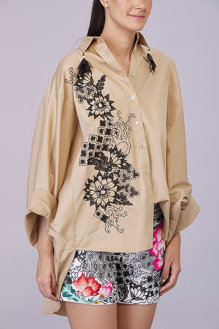 Khaki Blended Cotton Cutwork Embroidered Shirt by Dilnaz Karbhary at Pernia's Pop Up Shop