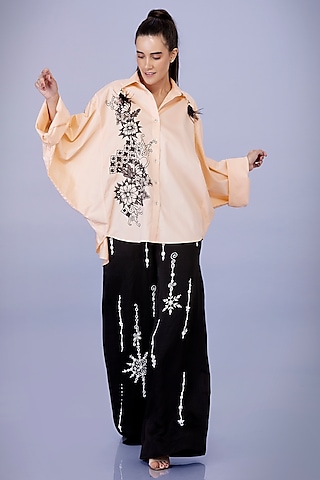 Light Peach Blended Cotton Cutwork Hand Embroidered Shirt by Dilnaz Karbhary
