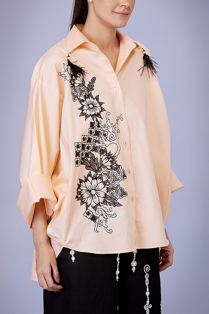 Light Peach Blended Cotton Cutwork Hand Embroidered Shirt by Dilnaz Karbhary at Pernia's Pop Up Shop