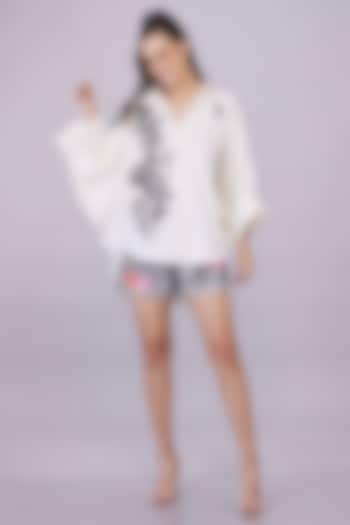 White Blended Cotton Hand Embroidered Shirt by Dilnaz Karbhary at Pernia's Pop Up Shop