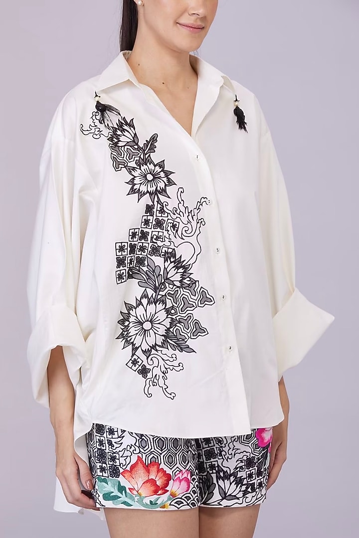 White Blended Cotton Hand Embroidered Shirt by Dilnaz Karbhary at Pernia's Pop Up Shop